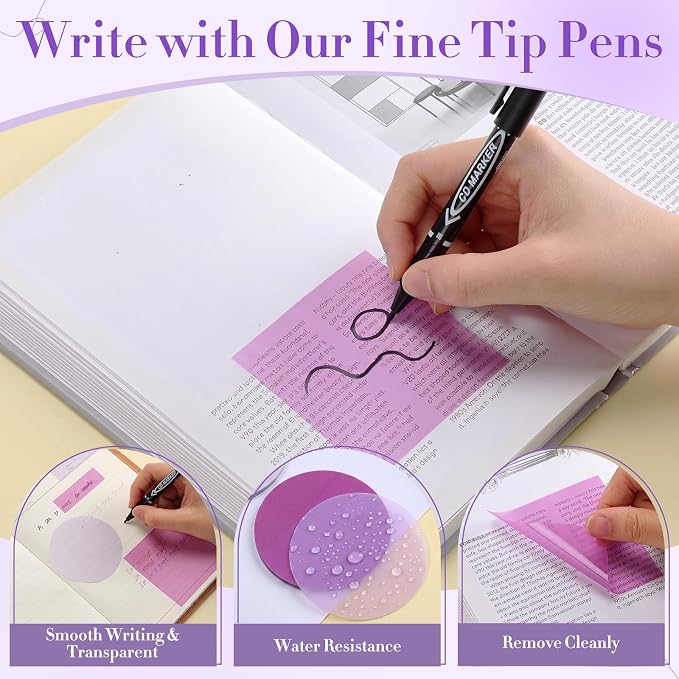 Glenmal Transparent Sticky Note Set 910 Sheets Translucent Clear Self-Adhesive Sticky Notes Bulk Gradient Color Waterproof for Bible Tabs Book Tabs Office Study Supplies Book Annotation(Purple)