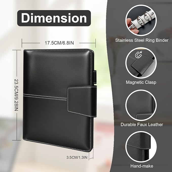 A5 Binder 6 Ring Faux Leather Refillable Notebook Binder Planner Cover Ring Binder with Magnetic Closure for A5 Paper,Photocard,Budget,Black(No Paper Inside)