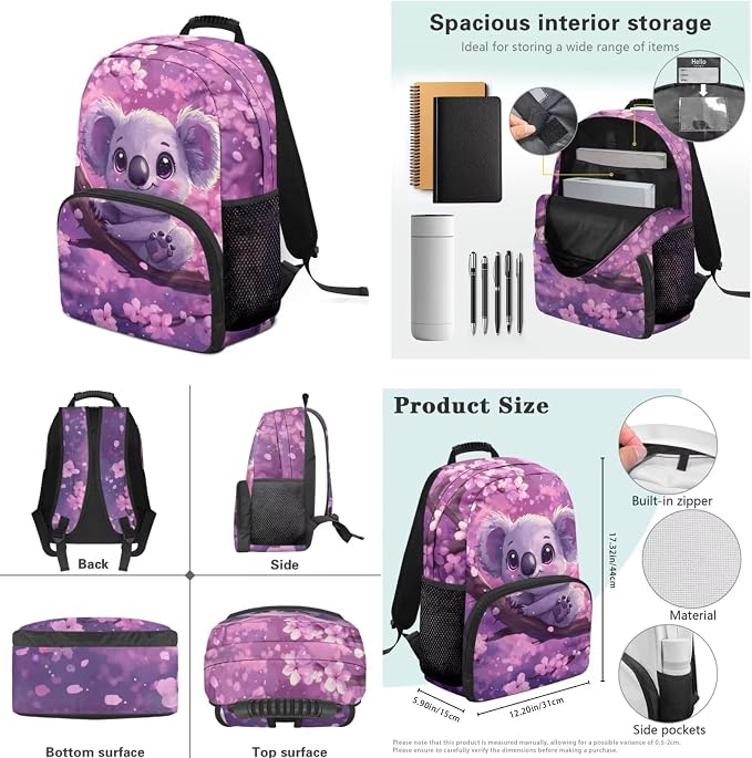 Ystardream Lovely Koala Backpack for School Girls Backpack with Lunch Box Set for Kids Primary School Backpacks Matching Lunch Bag & Water Bottle Sleeve & Pencil Case Cherry Blossom Design Dayapck