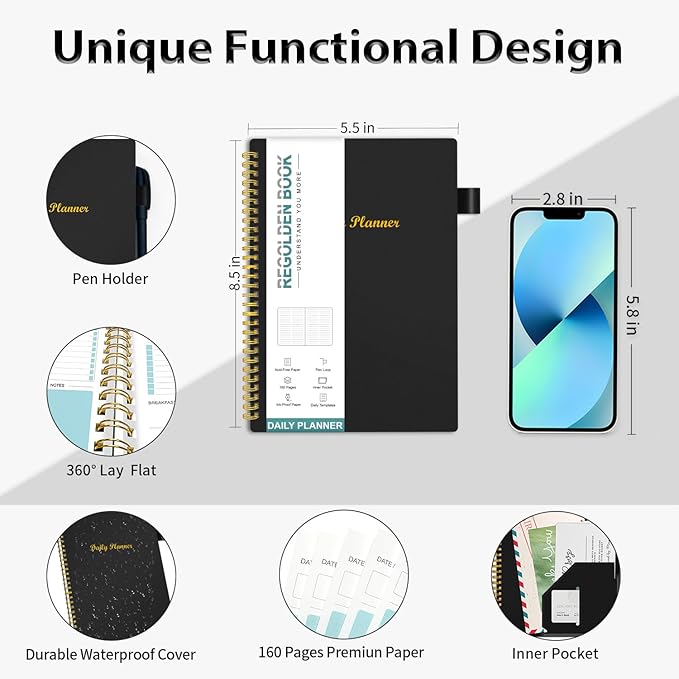 Daily Planner Undated, To Do List Notebook with Hourly Schedule Calendars Meal, Spiral Appointment Organizers Notebook for Man/Women, Pocket, Pen Loop, 160 Pages (5.5x8.5")