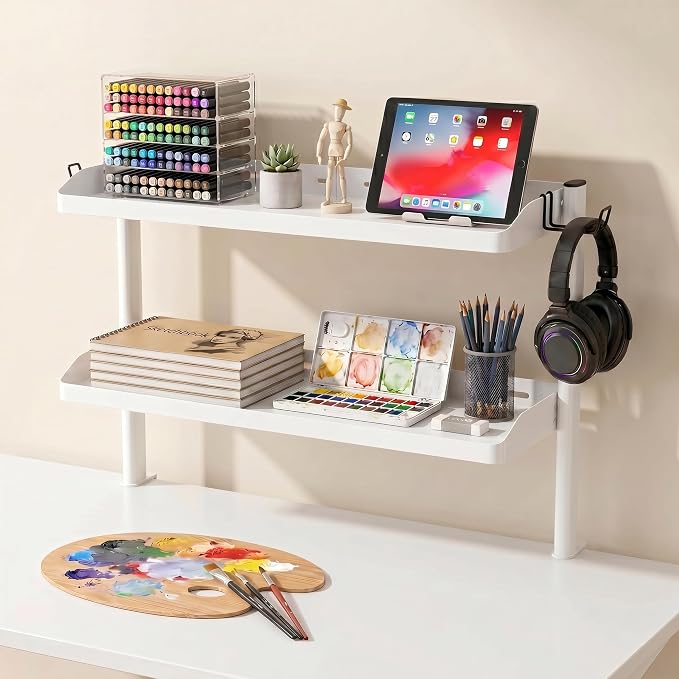 Clamp on Desk Shelf White, 24in 2-Tier Office Desk Shelves Organizer, Shelf for Top of Desk with Headphone Holder and Hooks, Desktop Storage Rack for Home Workspace, Study Rooms, Gaming Accessories