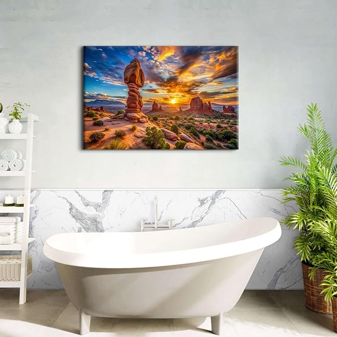Large Desert Mountain Wall Art for Bedroom Nature Sunset Wall Decor Moab Utah Arches National Parks Picture Canvas Prints Western Art Balanced Rock Landscape Painting Artwork Bedroom Decoration 32x48"