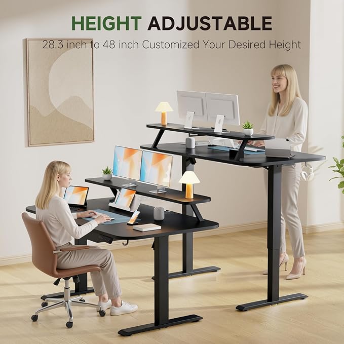 GTPLAYER Electric Standing Desk with Drawers, 55 x 24 Inches Height Adjustable Computer Desk with Monitor Stand, Laptop Stand, Sit Stand up Desk with Memory Preset for Home, Office, Black