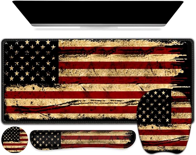 Large Mouse Pad with Wrist Support 4in1 Set, XXL Game Mousepad + Keyboard Wrist Rest+Mouse Wrist Rest+Coaster with Ergonomic Design Gaming Mat for Home Office Table Computer I Retro USA Flag