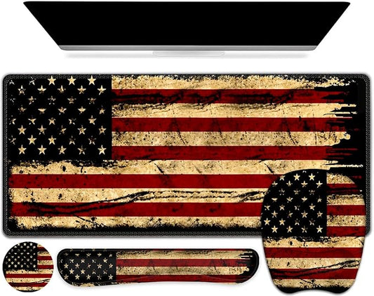 Large Mouse Pad with Wrist Support 4in1 Set, XXL Game Mousepad + Keyboard Wrist Rest+Mouse Wrist Rest+Coaster with Ergonomic Design Gaming Mat for Home Office Table Computer I Retro USA Flag
