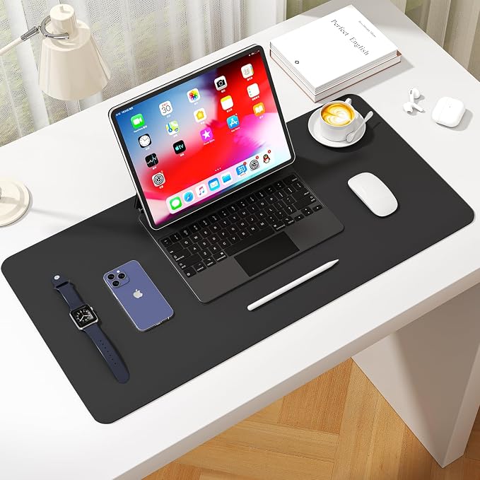 Leather Desk Pad Protector, Waterproof Mouse Pad, PU Desk Mat, Office Desk Cover, Desk Writing Mat for Office/Home/Work/Cubicle (Black) 35.4x17 in