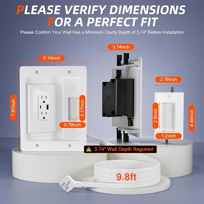 in Wall Cable Management Kit with Brush Wall Plate TV Wire Hider for Wall 2AC+USB-a+USB-c Recessed tv Outlet Box 9.8ft Cord for Home Theater Systems Gaming Vonsoles Nightstands Office Spaces