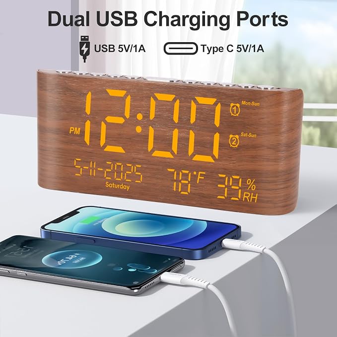 PPLEE 8.7-Inch Large Display Digital Alarm Clock, Dual Alarms & 2 USB | Day, Date, Temperature & Humidity Display, Adjustable Brightness, Snooze and Dual USB Charging for Bedroom and Heavy Sleepers