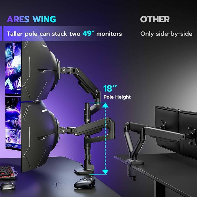 ARES WING Dual Monitor Arm Desk Mount for 17-49 Inch Ultrawide Monitors, Heavy Duty Dual Monitor Mount Holds 44 lbs, Full Motion Gas Spring Vertical Monitor Mount, 75/100 VESA Mount, Black