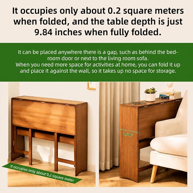 Bamboo Folding Desk, Foldable Computer Desk with Bookshelf, Space Saving Small Desk for Bedroom Home Office, Compact Writing Desk for Small Spaces