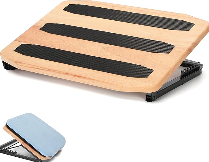 Under Desk Foot Stool Wood-Adjustable Ergonomic Foot Rest- 7 Adjustable Angles Wood Desk Footrest, Under Desk Foot Rest for Office Leg Rest - Natural-with Blue Cushions