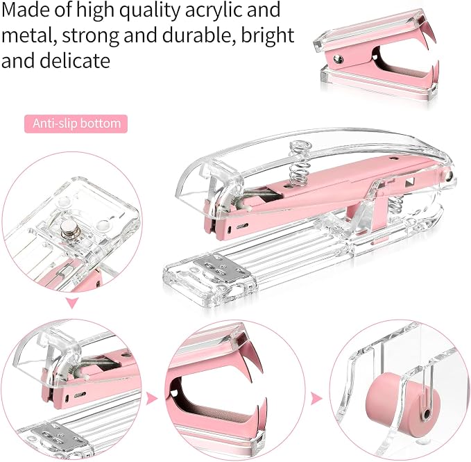 Office Supplies Set Desk Accessory Kit, Acrylic Stapler Set Staple Remover, Tape Dispenser, Binder Clips, Paper Clips, Ballpoint Pen and Scissor with 1000 Pieces 26/6 Staples (Pink)