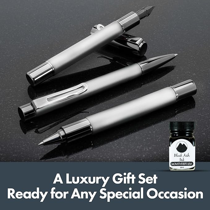 Monteverde Ritma 3+2 Piece Gift Set, Silver - Includes Flex Nib Fountain Pen, Rollerball, Ballpoint, 30ml Ink & Refill - Ideal for Creative Writers & Collectors
