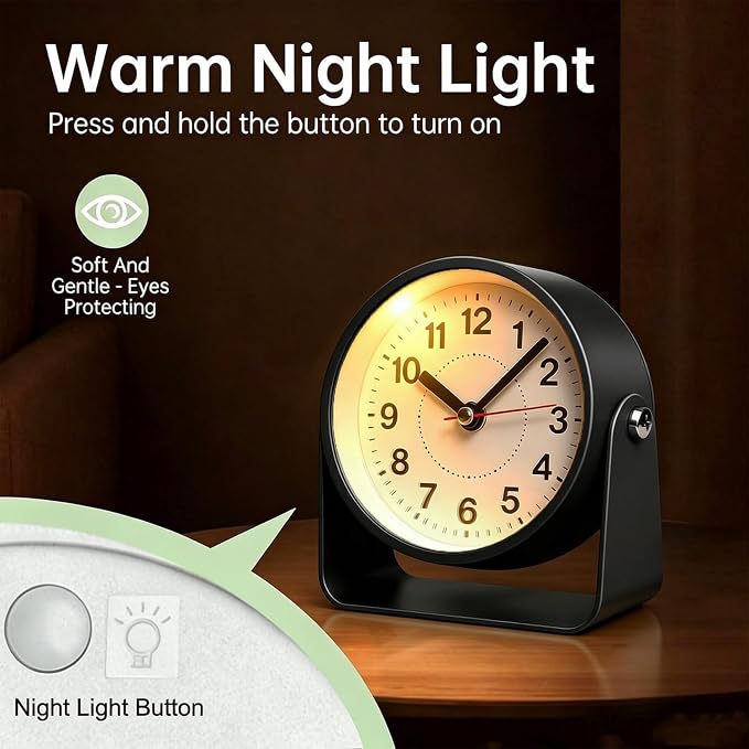 3.5" Analog Alarm Clock Snooze 360° Adjustable Angle | Small Retro Desk Clock Battery Operated, Silent Metal Table Clock with Snooze Night Light, Bedroom Bedside Clock for Adults
