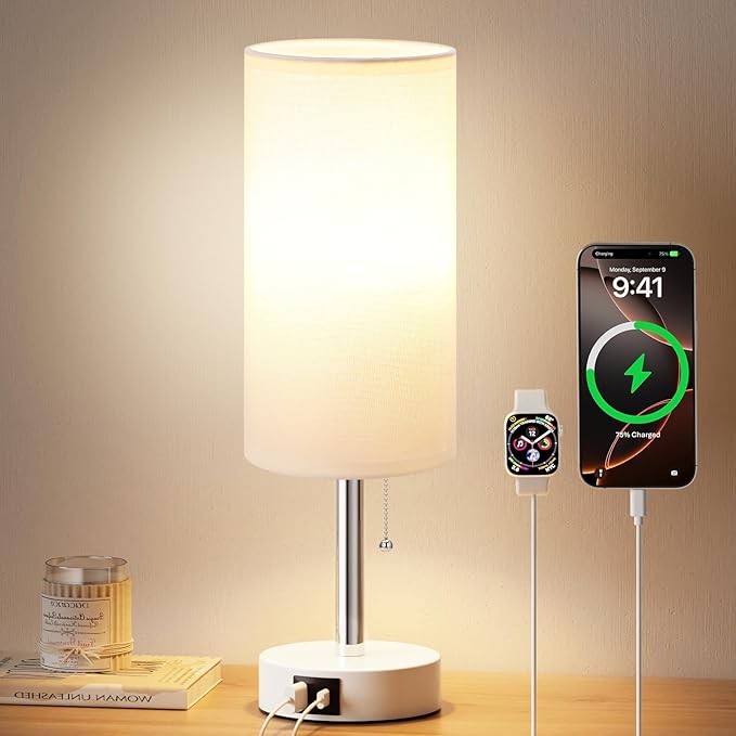 Dicoool Small Bedside Table lamp for Bedroom - 3 Color Modes, Desk Lamp with USB-C and USB-A Charging Ports, Pull Chain, Nightstand Light for Office, Kids Room, Dorm Lamp