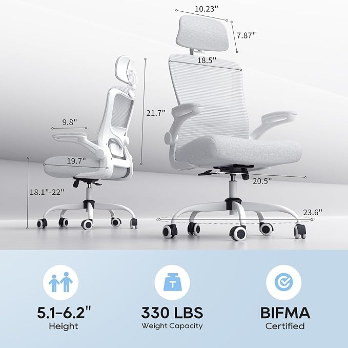 Ergonomic Office Chair, High Back Mesh Desk Chair with Adjustable Lumbar Support & Headrest, Flip-up Armrest, Computer Task Chairs for Home and Executive Office (W-White)