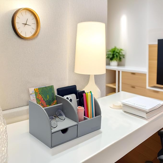 UnionBasic Desk Organizer - Multifunctional Leather Desktop Pen Holder Storage Box - Business Card/Pen/Pencil/Mobile Phone/Stationery Holder, Grey | Pen Holder Storage Box, Business Card/Pen/Pencil Holder, Mobile Phone Holder, Stationery Holder