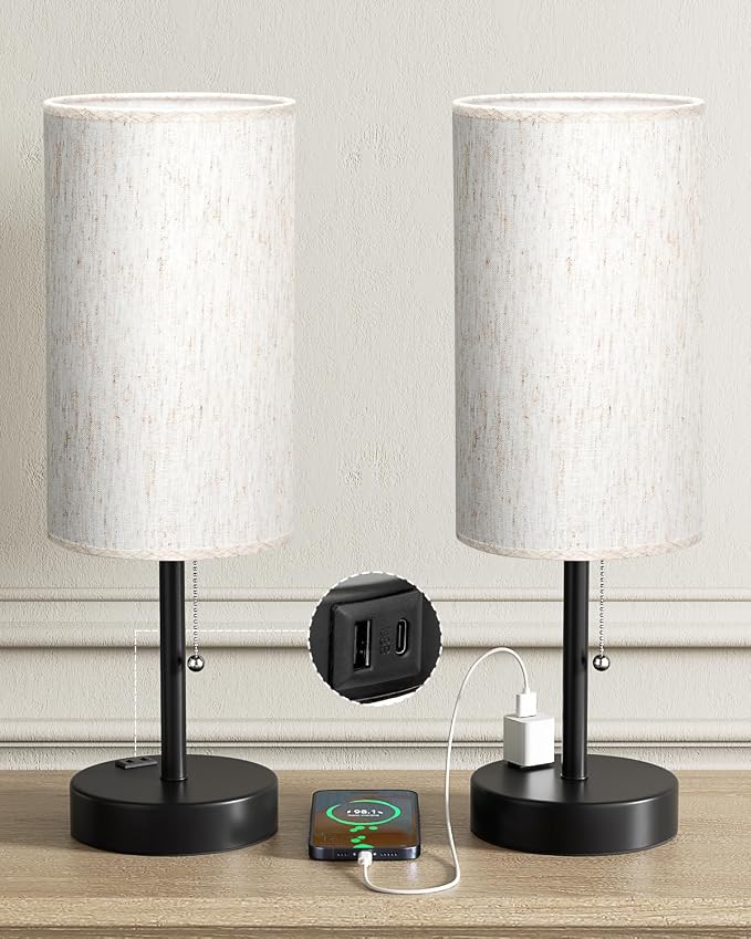 17.4" Large Bedside Table Lamps Set of 2 - 3 Color Temperatures Pull Chain Lamp with AC Outlet Charging Port, Round Night Stand Lamps for Bedroom Guest Room Office, Bed Side Light with E26 LED Bulbs