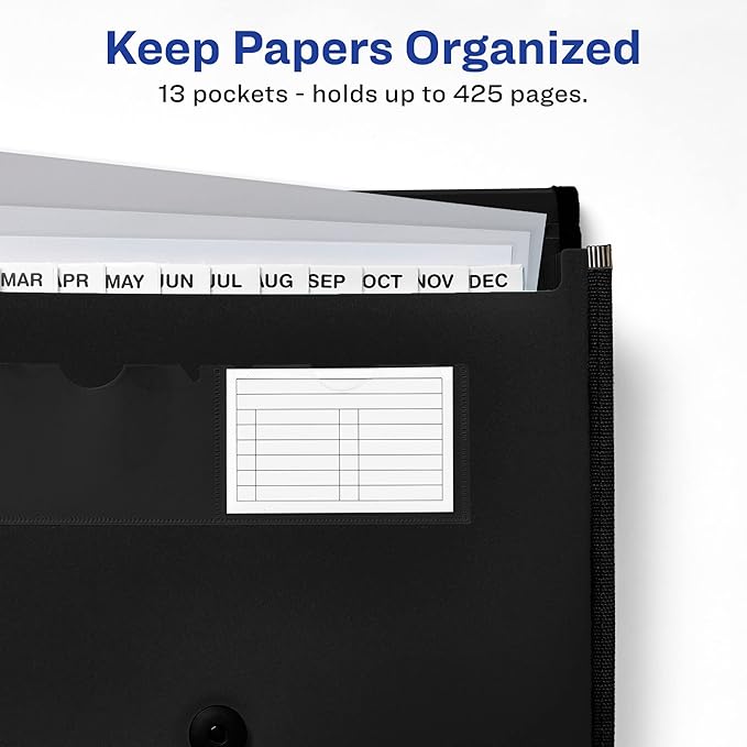 Avery Expanding File Folder Organizer, 13-Pocket Accordion File Organizer, Black, Holds 425 Letter/A4-Size Sheets (73553)