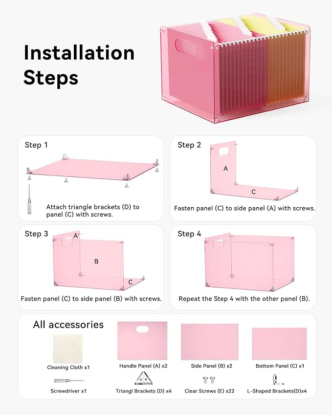 Oterri Large Pink Acrylic File Organizer with Handle, Desktop Box | 3mm Acrylic, Stain-Resistant, With Handle, Holds Letter & Legal Docs, Includes Hardware, Office, Home, Classroom, Countertop.
