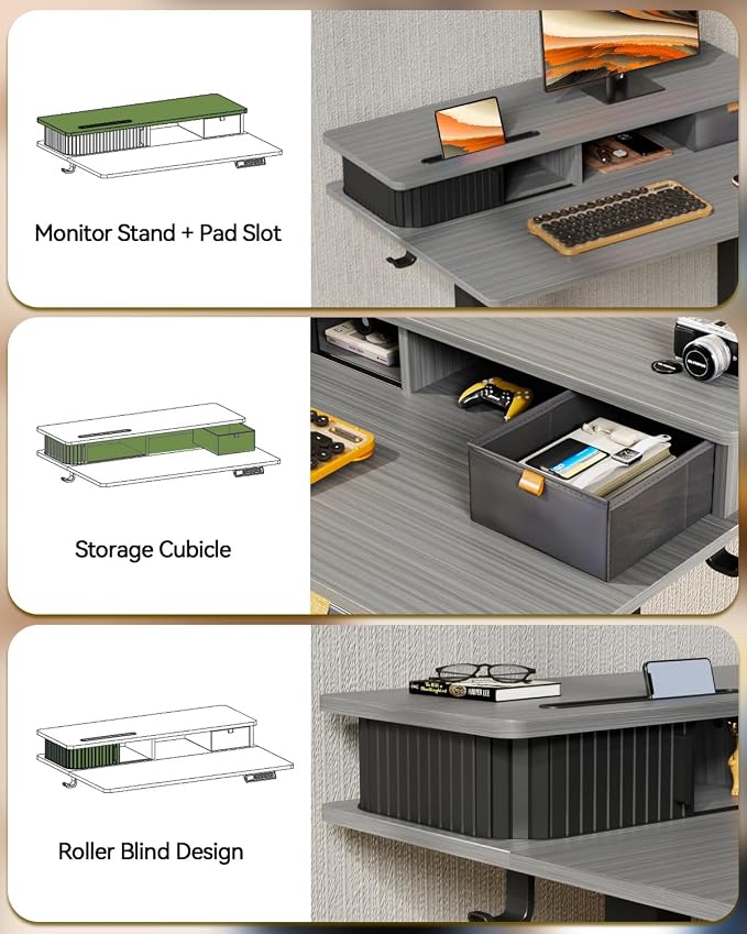 JOY worker 35" Electric Standing Desk Height Adjustable with Storage Shelf | Grey 35" x 25" Height Adjustable Desk for Small Space, Shutter Door & Drawer, Sit Stand Table with 2 Hooks for Home Office