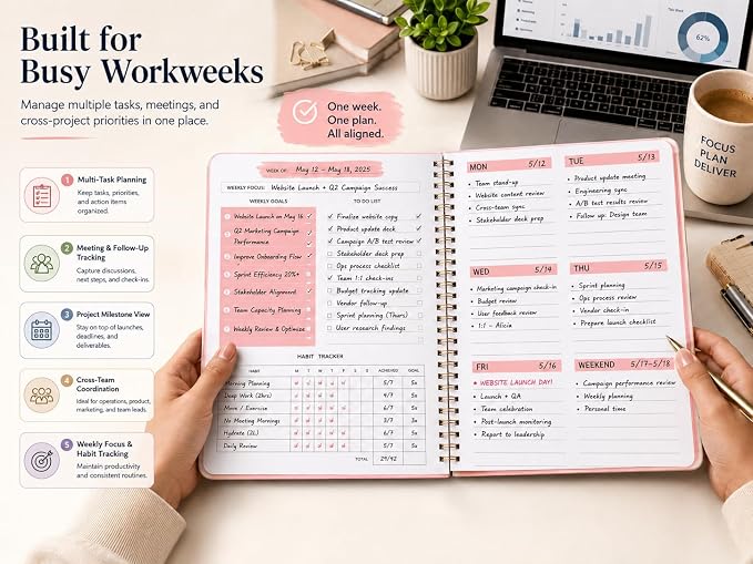 Undated Weekly Planner - Weekly Goals Notebook with To Do List, Habit Tracker, Daily Schedule Journal with Spiral Binding, 5.7 x 8.0 inches,Productivity Organizer Notebook for Work, School, Home, Pink