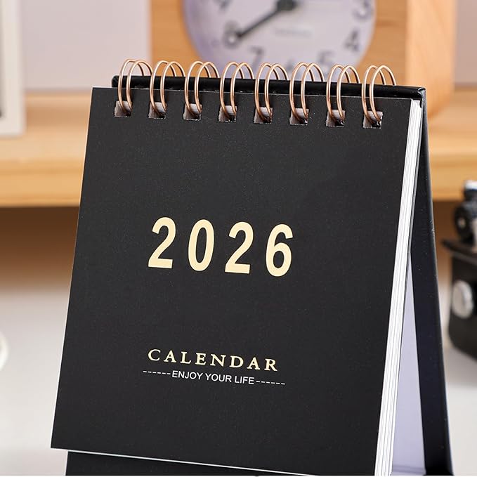 Mini Desk Calendar 2026, Standing Flip Small Desk Calendar- Jan 2026 to Jun 2027 Monthly Desktop Calendar- Thick Paper Twin-Wire Binding for Home or Office (Black)