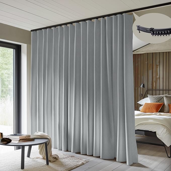 MaKefeile Room Divider Curtains with Flexible Ceiling Curtain Tracks Set,100% Blackout Floor to Ceiling Curtains Patio Sliding Door Curtains (Grey Drape & Black Rail W 8.3 × H 8 FT)
