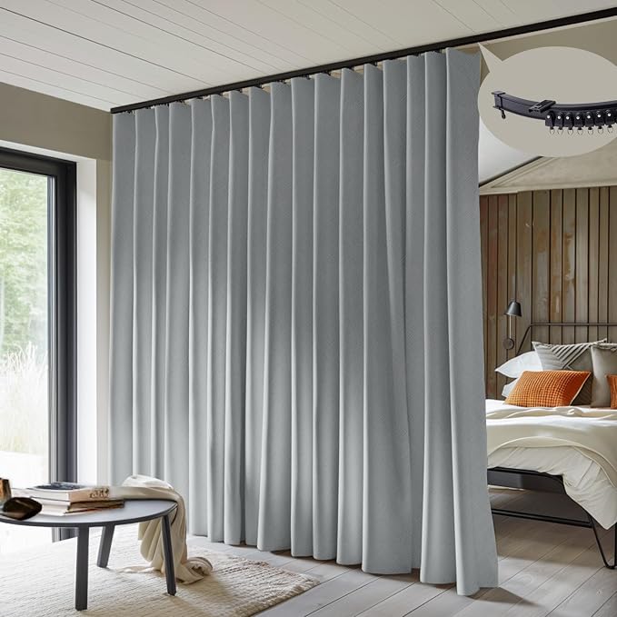 MaKefeile Room Divider Curtains with Flexible Ceiling Curtain Tracks Set,100% Blackout Floor to Ceiling Curtains Patio Sliding Door Curtains (Grey Drape & Black Rail W 8.3 × H 7 FT)