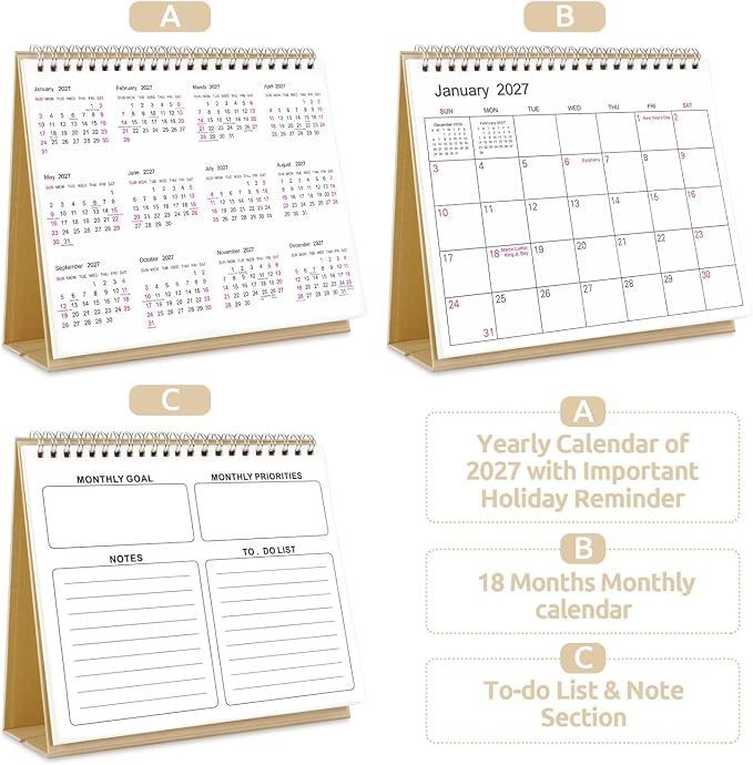 SKYDUE Small Desk Calendar 2026-2027, Jul. 2026 to Dec. 2027, 18 Months Small Desk Calendar with Planner Stickers, 8.5" x 7" Desktop Calendar Planner, Kraft