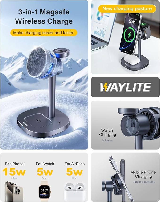 3 in 1 Wireless Charging Station for Apple MagSafe Charger Stand,15W Qi2 Fast Phone and Watch Charger with TEC Cooling, Magnetic Wireless Charger for iPhone17 16 15 14 13, Apple Watch, AirPods, Ashy