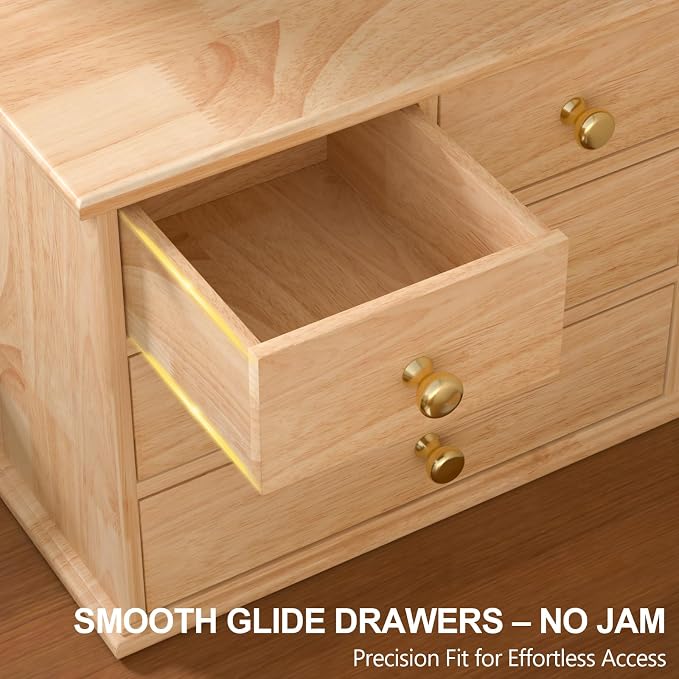 Oak Desk Organizer with Drawers, Durable Wooden Desktop Storage Box | 4 Drawer Tabletop Organizer with Metal Handles & Non-Slip Pads for Office, Bedroom, Bathroom, Vanity, Makeup Storage, Natural