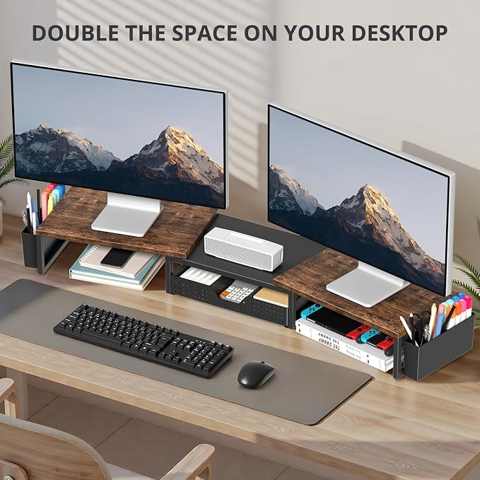 OPNICE Desk Organizers and Accessories, Dual Monitor Stand Riser with Drawer and 2 Pen Holders, Desk Shelf Wood Computer Racks for Office Workspace Organizers, Desktop Organization (Rustic Brown)