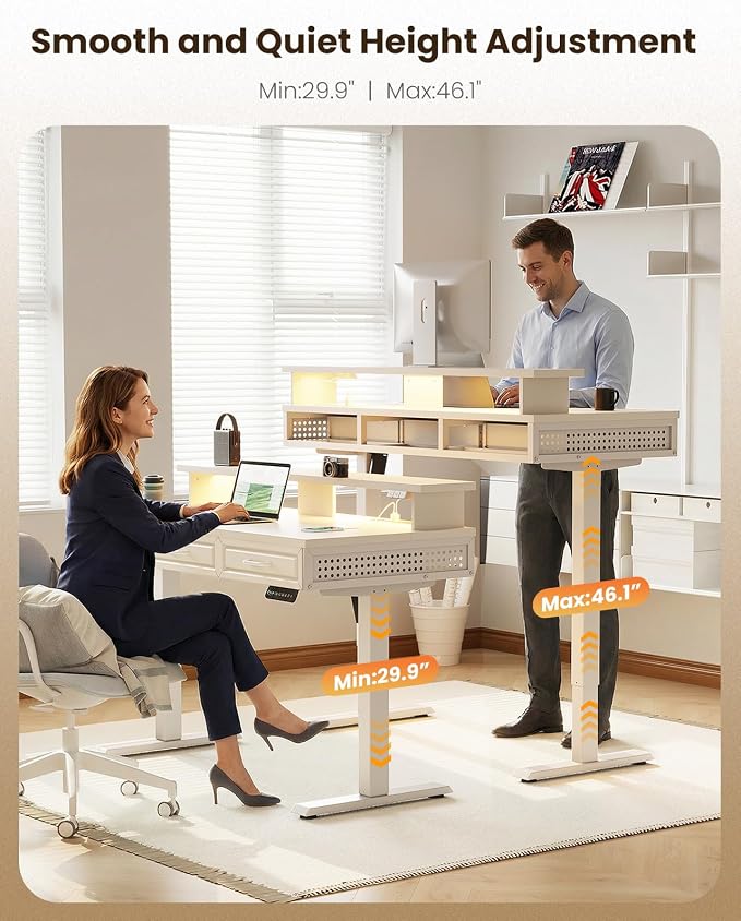 OffiGo 48 Inch Electric Standing Desk, White, 3 Wood Drawers, Monitor Stand | 3 Outlets & 2 USB Ports, 20 LED Modes, 3 Memory Heights, 29.9"-46.1" in Range, Cable Management Tray, 154 lb Capacity