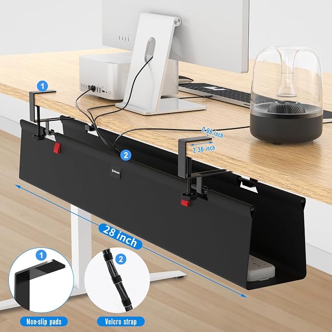 No Drill Under Desk Cable Management Tray, 28" Cord Management Tray with Cable Loop, Upgraded Oxford Fabric Wire Management for Standing Desk - No Damage to Table