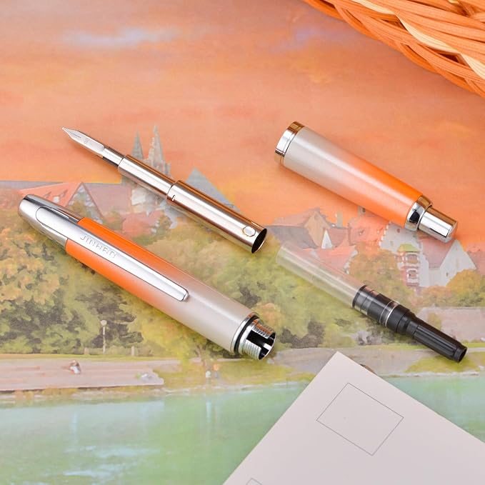 Jinhao 10 Press Fountain Pen with Box, Gradient Light Orange Retractable Fine Nib with Ink Converter Set (Silver Clip)