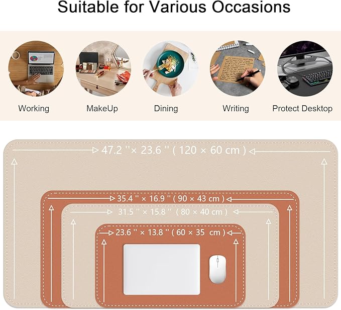 Bleswin Double-Sided Desk Mat, 23.6''×13.8'', PU Leather Mouse Pad, Waterproof Desk Pad, Laptop Leather Desk Mat, Protector for Keyboard and Mouse for Office and Home (Beige+Orange)