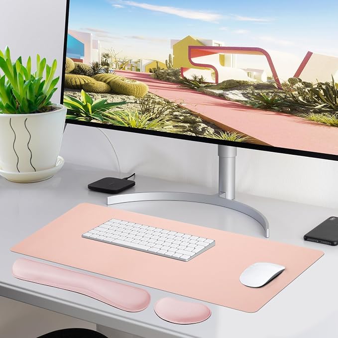 Bloss Pink Desk Mat and Keyboard Wrist Rest, Non-Slip Large Mouse Pad + Keyboard Pad + Mouse Wrist Support, Computer Mat Protector for Office, Home(27.6" x 13.8")