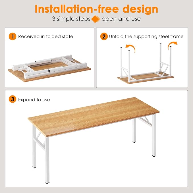 SogesHome 62 Inches Foldable Desk for Home Office, Large Compact Computer Table with Adjustable Leg Pads, No Assembly Needed Folding Writing Conference Desk Gaming Table for Small Spaces, Teak White