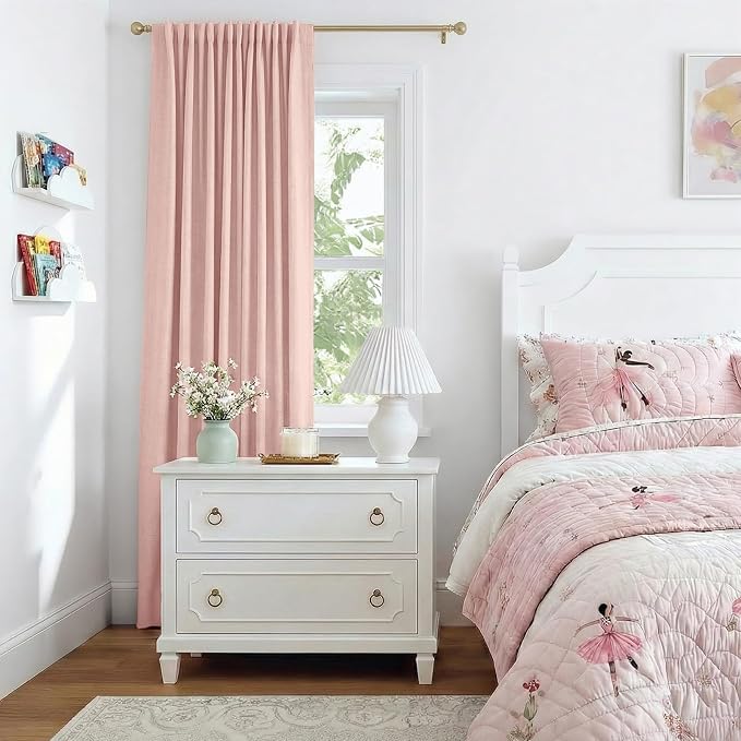 INOVADAY 100% Blackout Curtains for Bedroom, Blush Pink Black Out Curtains 90 Inch Long, Clip Rings Linen Blackout Drapes, Thermal Insulated Room Darkening for Living Room, 1 Panel - W102xL90