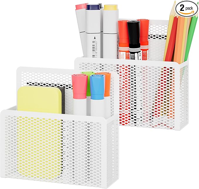 Marbrasse Magnetic Dry Erase Marker Holder, Mesh Pen Holder for Whiteboard，Magnet Pencil Organizer Storage for Refrigerator Locker Accessories Organizer for Home, School and Office(White)