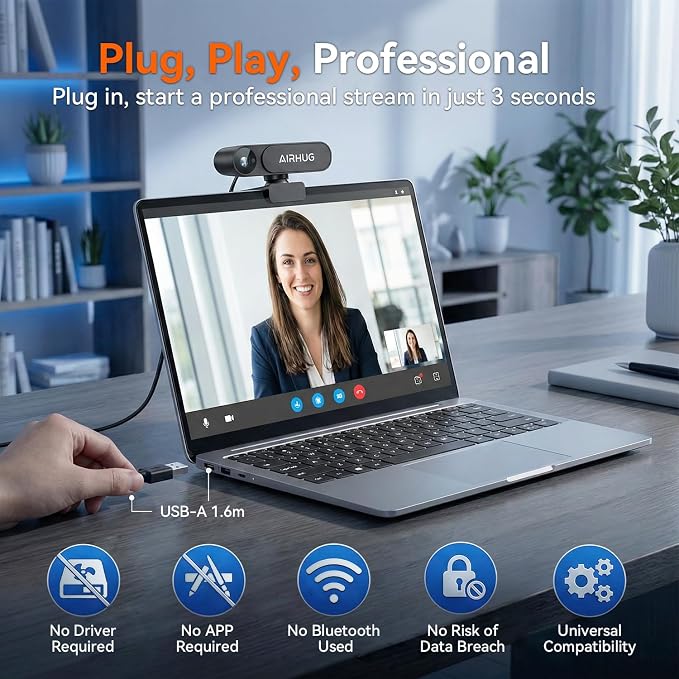AIRHUG 4K UHD USB Webcam No Mic 16MP Sony Sensor, Privacy Cover for Secure Meetings - PDAF Fast Focus, 63° Gold FOV, Auto Light Correction, Streaming Camera (No Audio) for PC/Laptop/Desktop