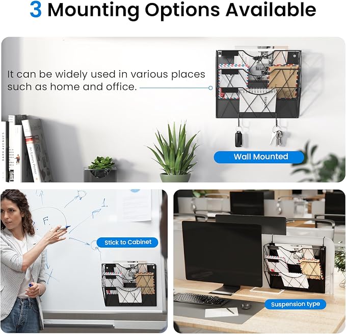 Patvingot Strong Magnetic File Holder, 3-Tier No-Drill Organizer | File cabinets, refrigerator sides and whiteboards; up to 8.8 lb; 3 tiers keep folders, mail and magazines visible and sorted