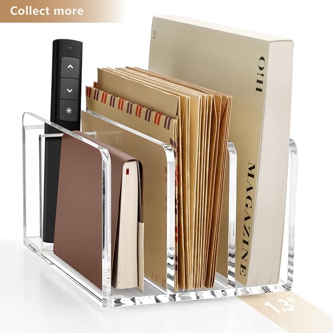 SANRUI Acrylic Mail Sorter Desktop Organizer with Pen Holder, 3 Compartments Clear Small File Script Letter Document Storage for Desk Bill Filling Envelope Holder Office, Home, School Organization