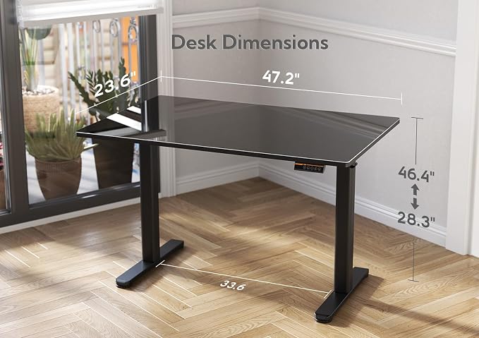 Claiks 48x24 Inch Black Glass Standing Desk | Adjustable Height, Tempered Glass Top, Stand Up, Quick Install, 3 Memory Presets