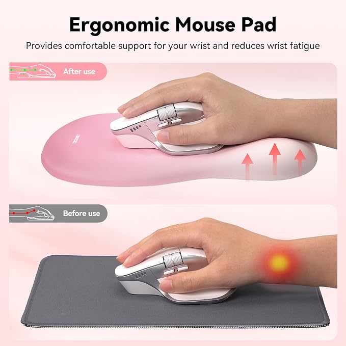 TECKNET Ergonomic Mouse Pad with Wrist Rest, Memory Foam Mousepad with Wrist Support, Smooth Surface, Middle Concave & Non-Slip Base for Laptop/PC, Pain Relief for Home Office Gaming, Pink