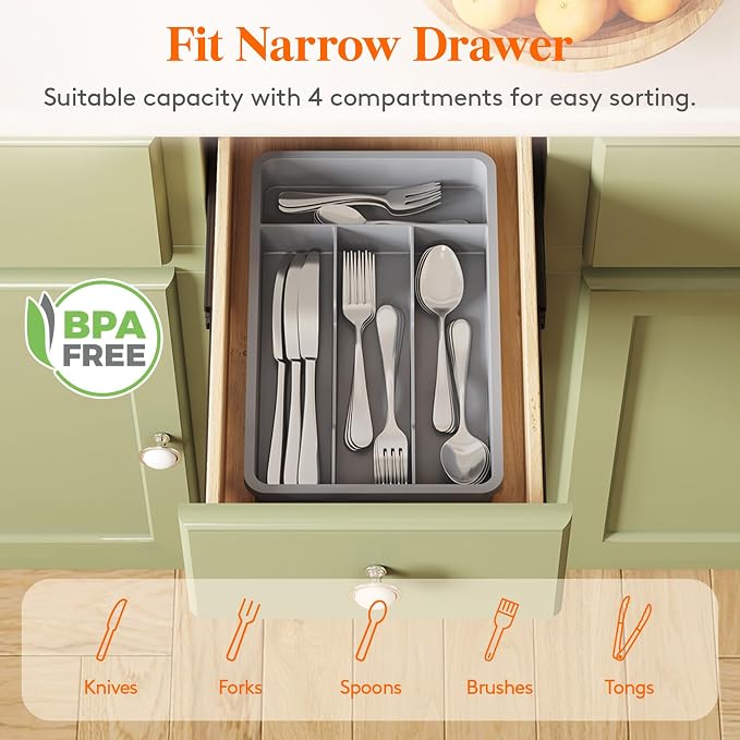 Lifewit Silverware Drawer Organizer Tray, Plastic Cutlery Storage for Kitchen, Flatware and Utensil Holder Divider for Spoons Forks Knives Tableware, 7.8 x 12.4", 4 Slots, Gray