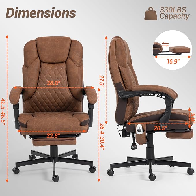 Heated Massage Executive Office Desk Chair with Footrest - Brown | 6 Points Vibration Massage System, 5 Massage Modes, 3 Target Areas (Back,Lumbar,Seat), Reclining 90°-135°