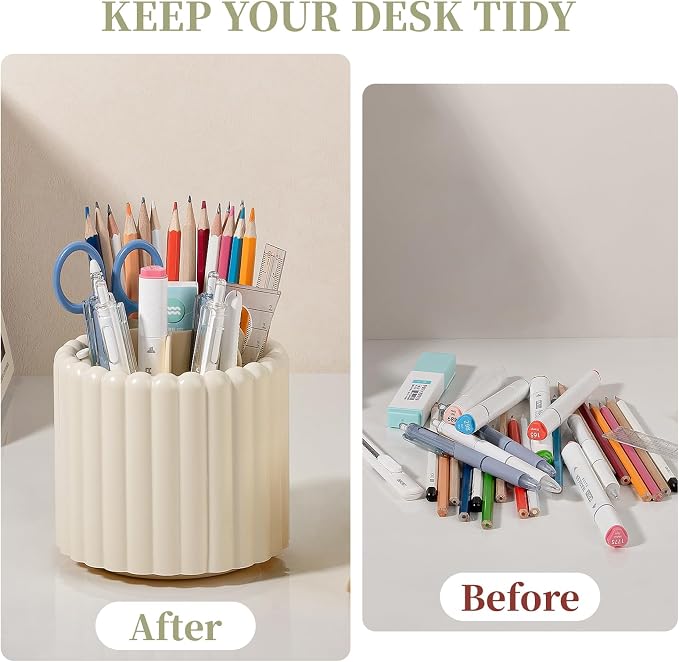360° Rotating Pen Holder for Desk Removable Pencil Organizer, Beige | 7 Slots Pen Cup Cute Office Supplies and Accessories Plastic Desktop Storage Box Art Caddy for School, Work, Home
