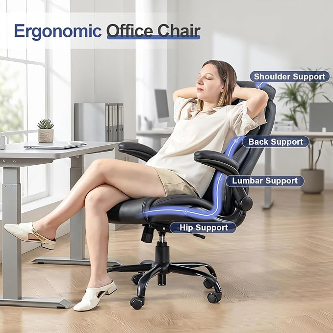 Brage Living Big and Tall Office Chair 400LBS, Heavy Duty Leather Executive Desk Chair with Flip-Up Arms, High Back Swivel Rolling Computer Chair with Rocking Function for Home Office (Black)
